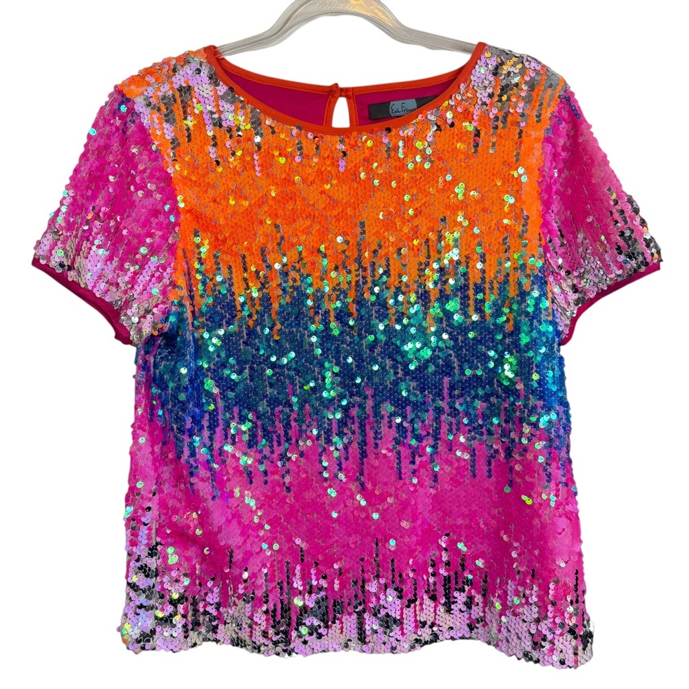 Eva Franco Loretta Multicolor Sequined Tee Vibrant Colorful Whimsy Party Fun S - Picture 3 of 12